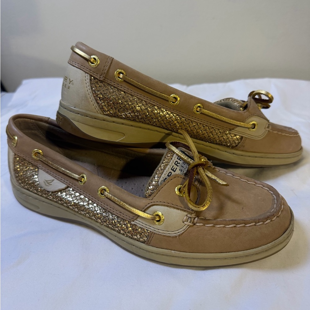 Sperry Women's Tan Leather Moccasin Loafers with Gold Accents NWOT sz8.5 - Picture 2 of 7